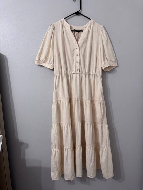 PrettyGarden Dresses & Skirts - PRETTYGARDEN Cream Tiered Midi Dress Puff Sleeve Button Front Boho Size LargeNWT